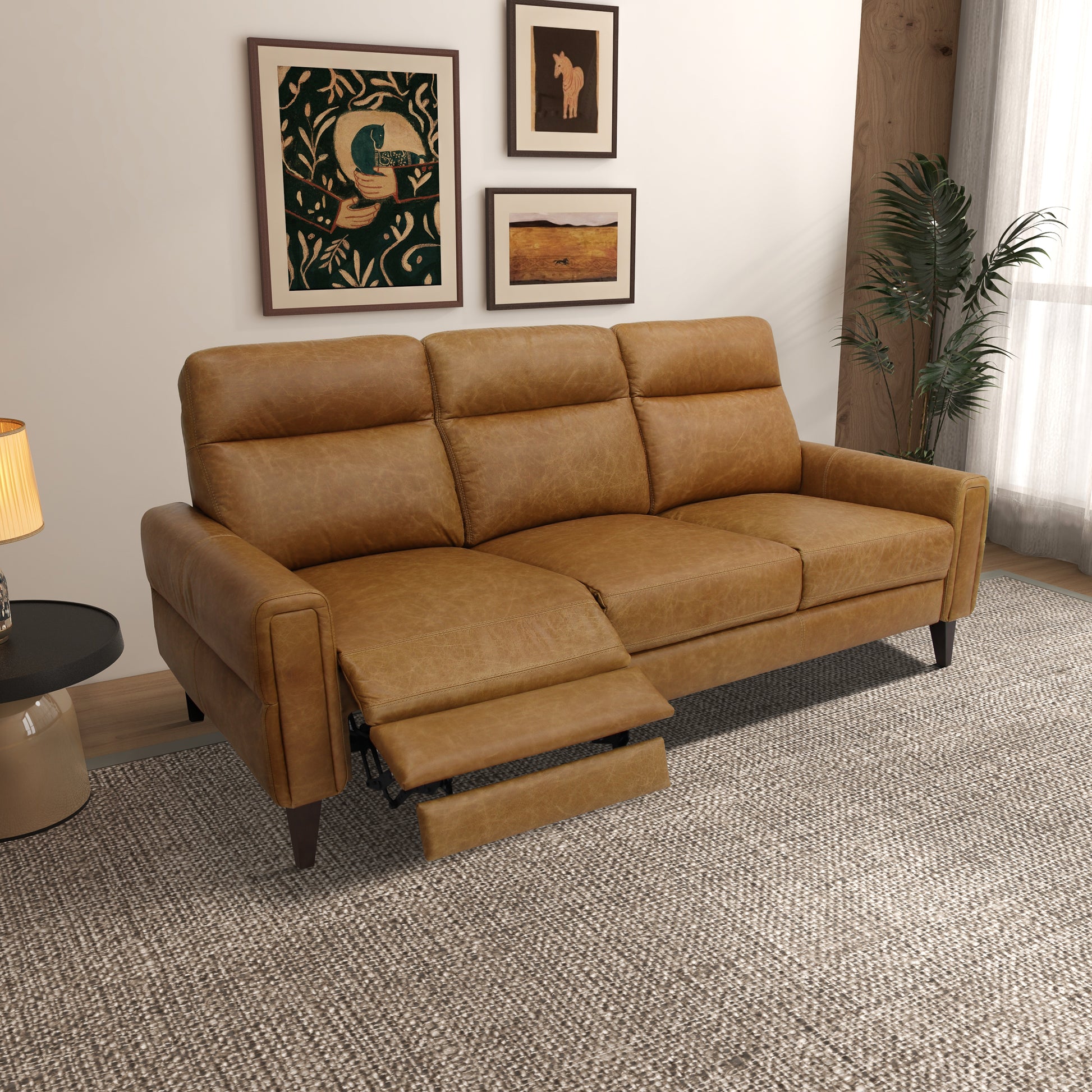 Luxurious cognac leather recliner sofa with plush cushioning