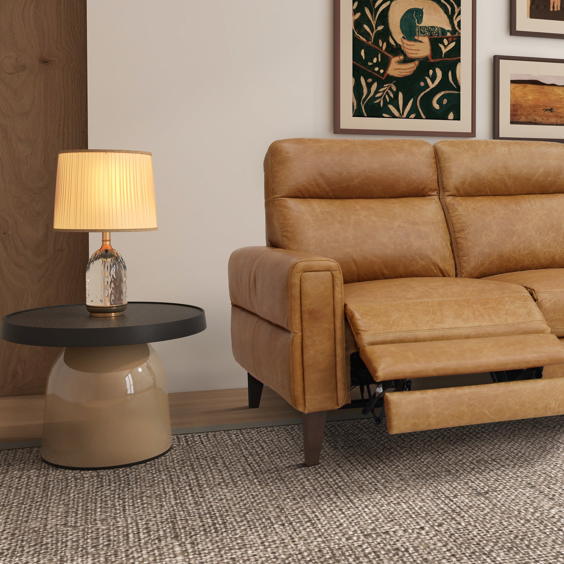Tan leather reclining sofa with plush cushions