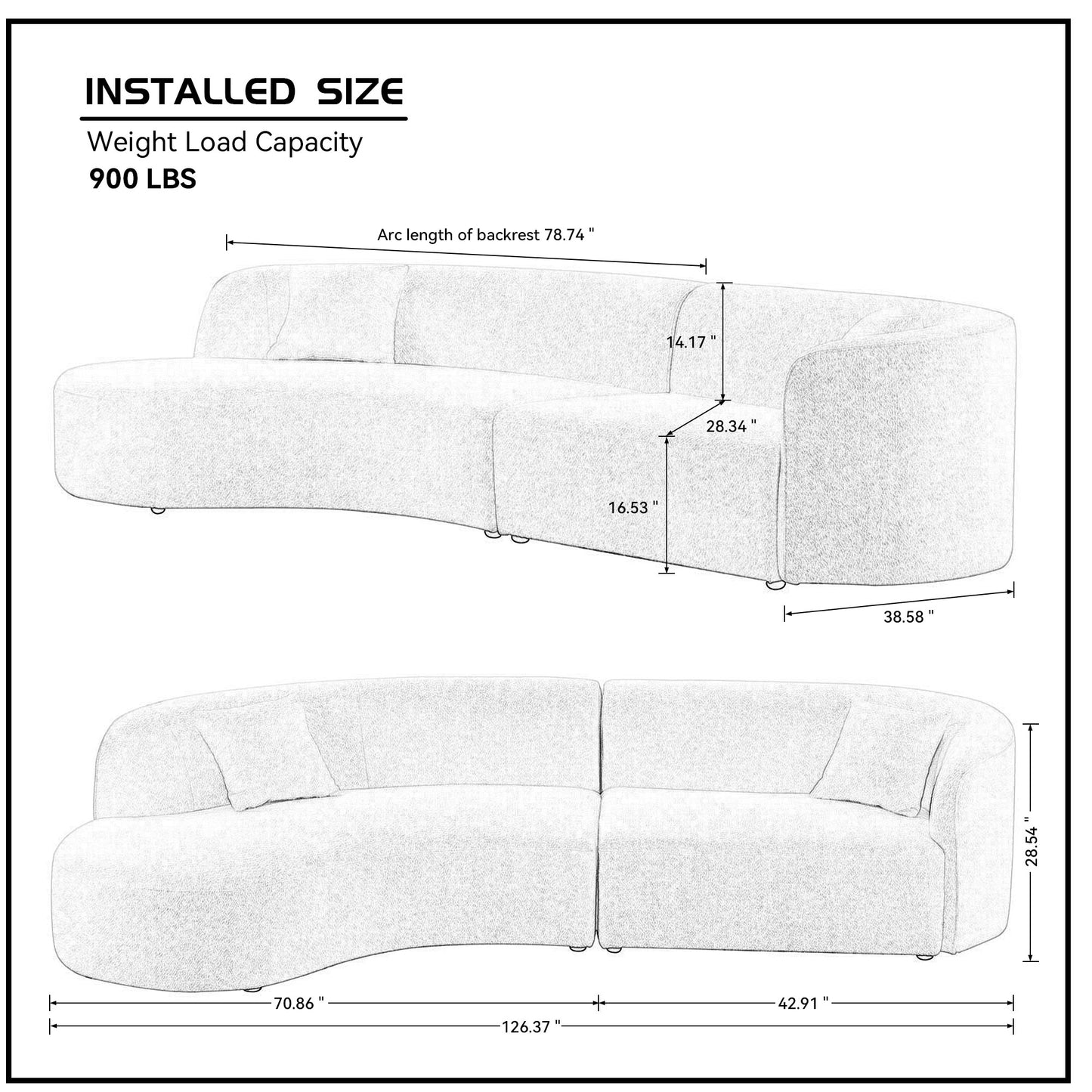 Curved sectional sofa with detailed dimensions and lb weight capacity