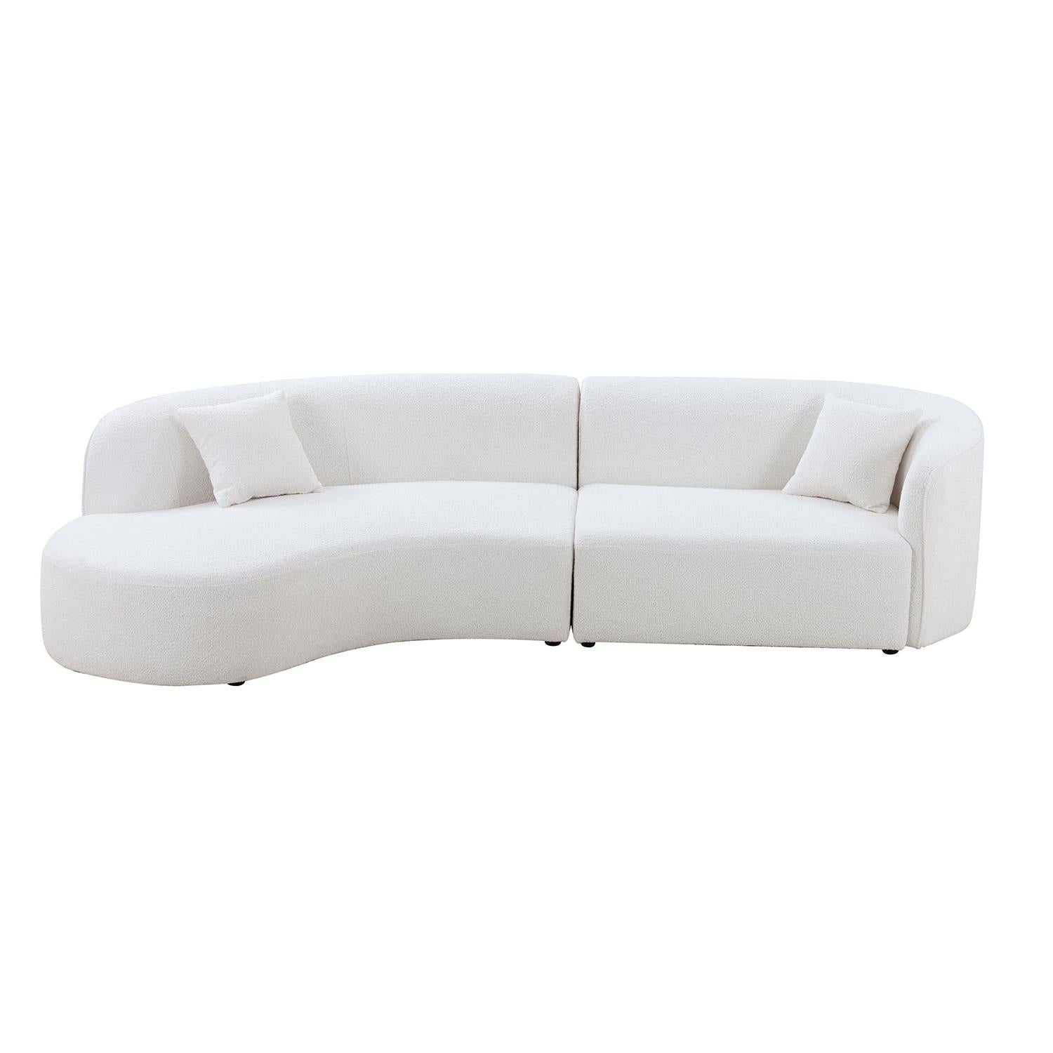 White boucle curved sectional sofa with two accent pillows modern living room furniture