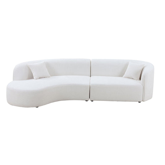 White boucle curved sectional sofa with two accent pillows modern living room furniture