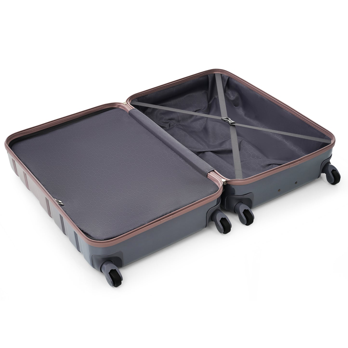 Open grey hardside suitcase with rose gold trim and geometric pattern interior