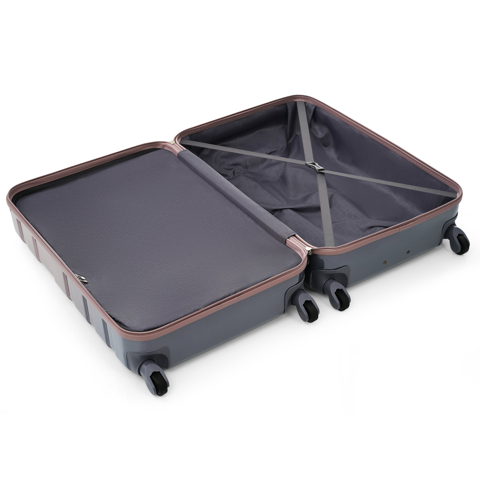 Open grey hardside suitcase with rose gold trim and geometric pattern interior