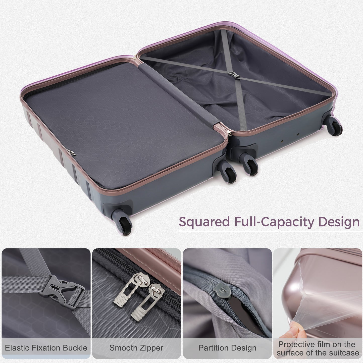 Open gray suitcase with rose gold trim and interior straps showcasing fullcapacity design
