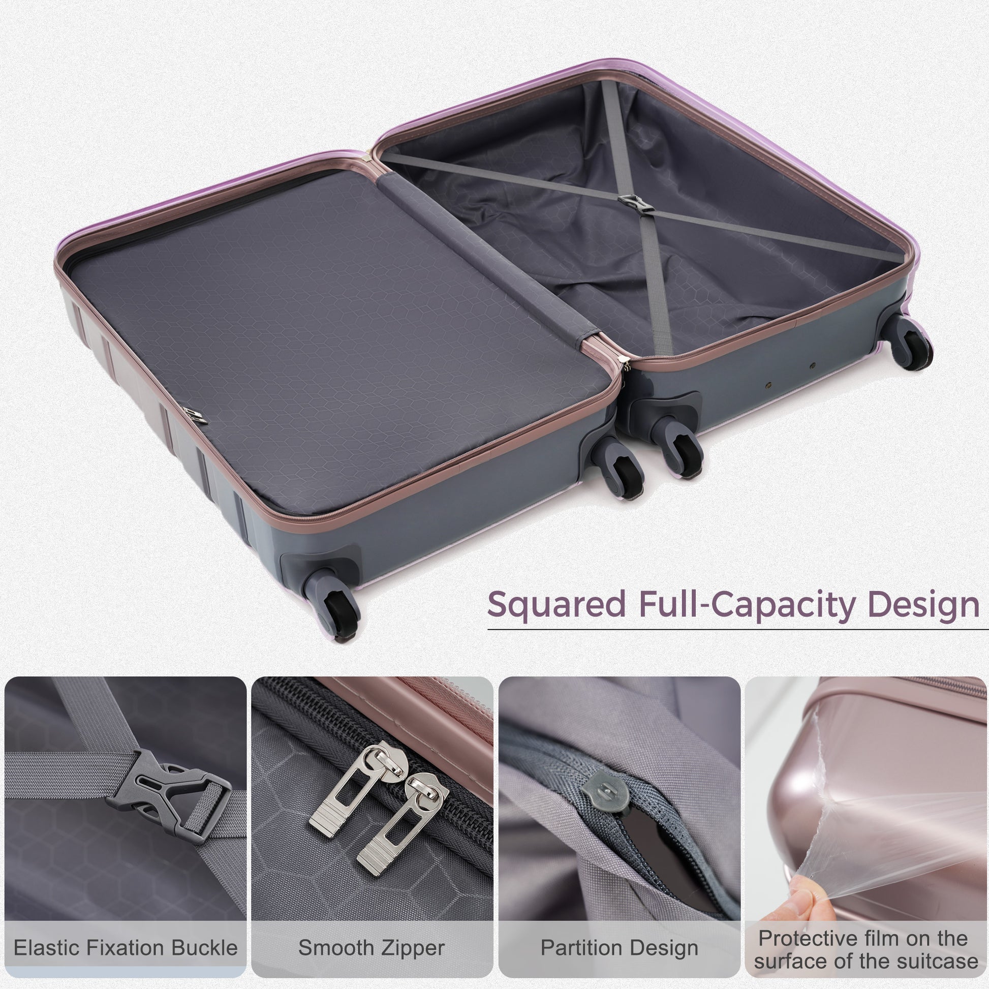 Open gray suitcase with rose gold trim and interior straps showcasing fullcapacity design