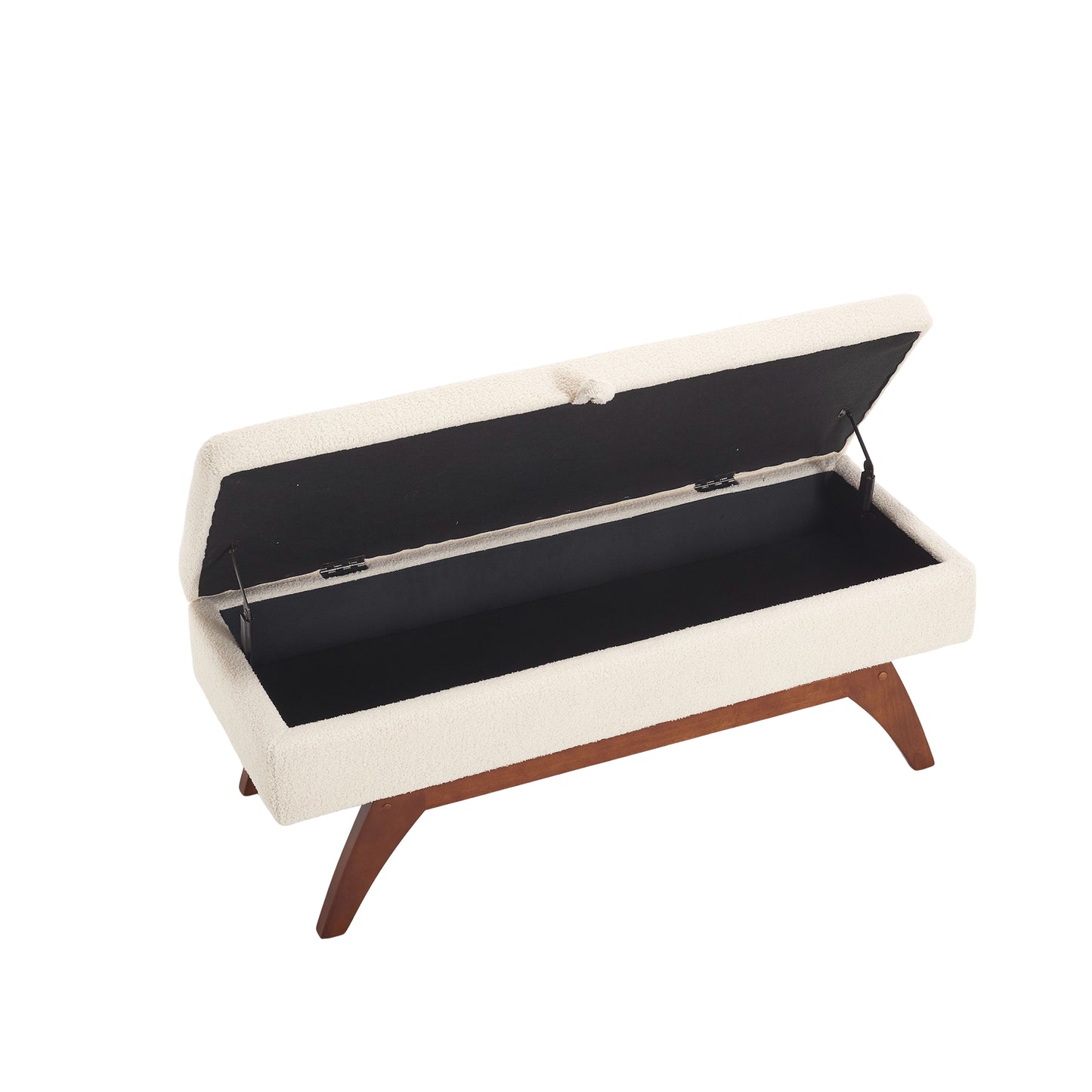 Cream boucl storage bench with open lid and wooden legs