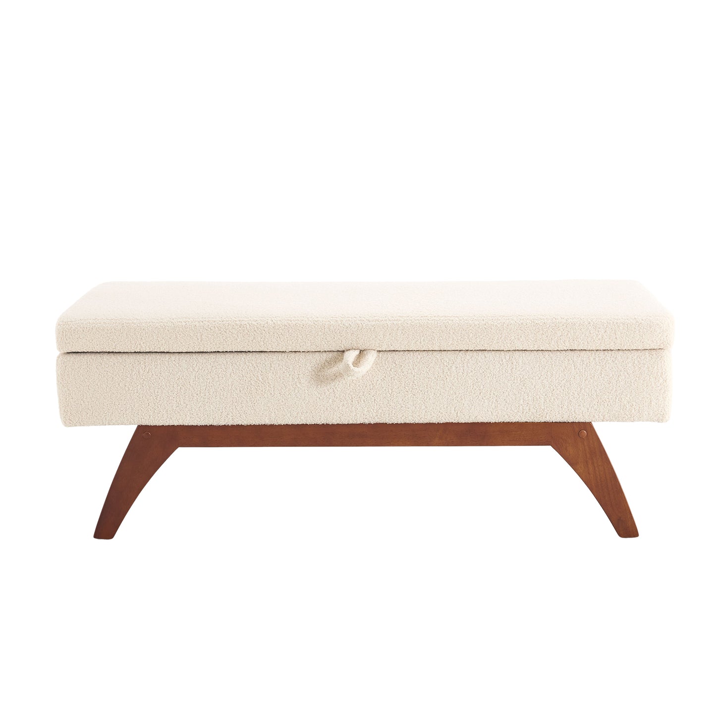 Cream boucle storage ottoman with angled wooden legs