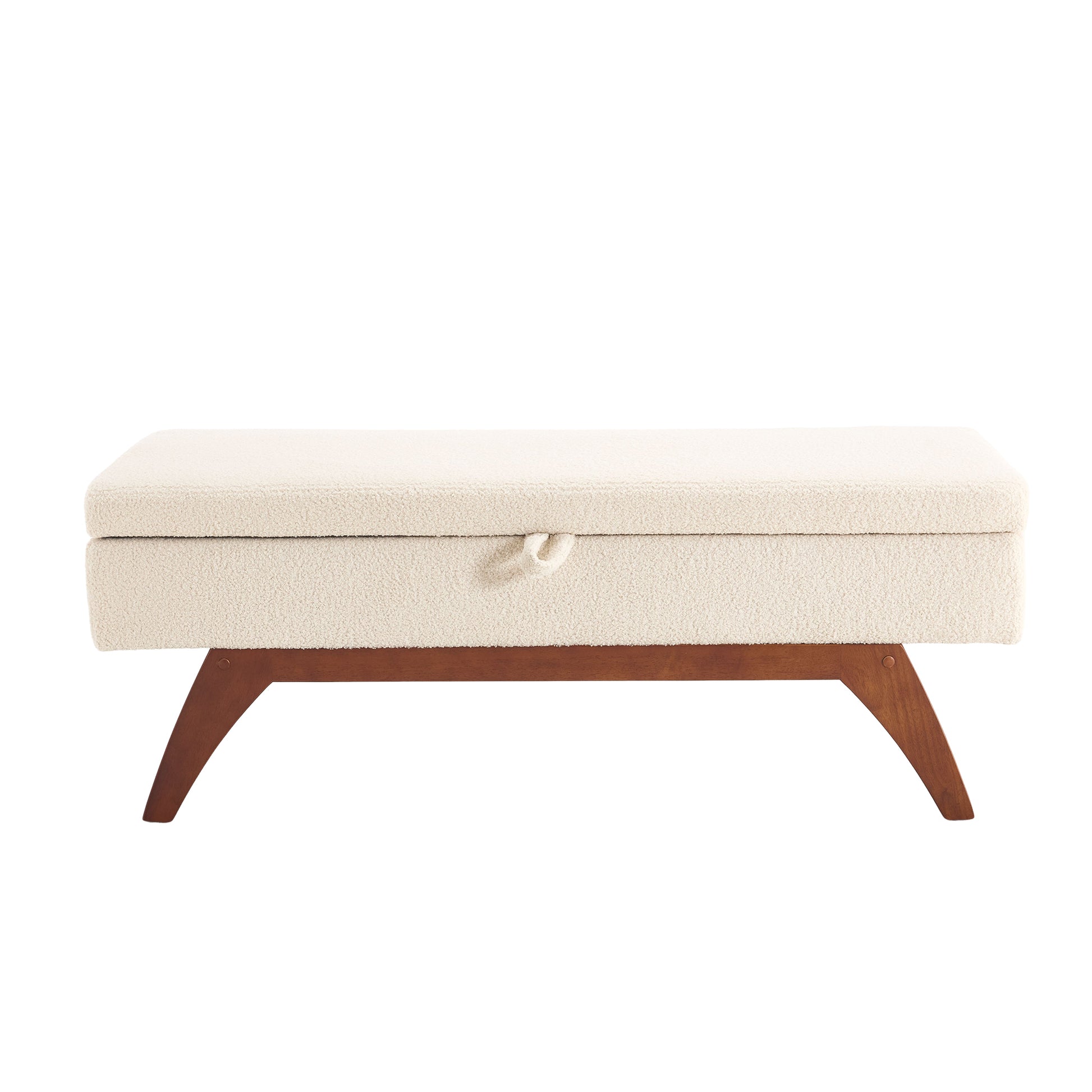 Cream boucle storage ottoman with angled wooden legs