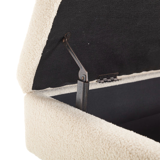 Cream boucle storage ottoman hinge detail