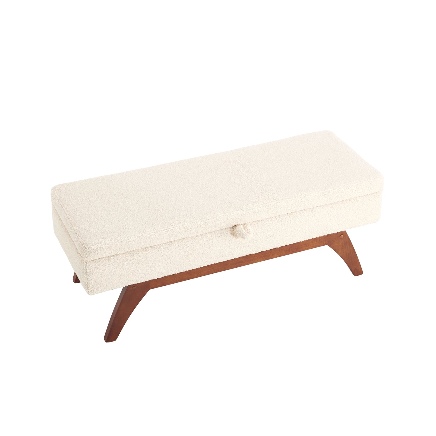 Cream boucle storage ottoman with angled wooden legs