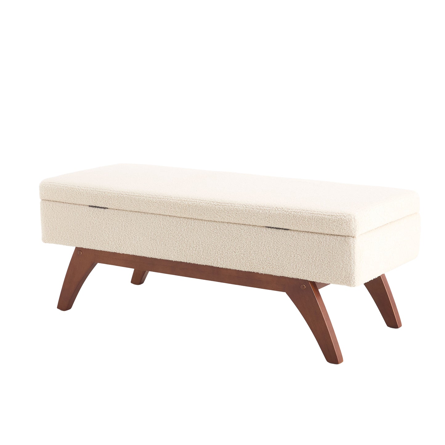 Cream boucle storage bench with angled wooden legs