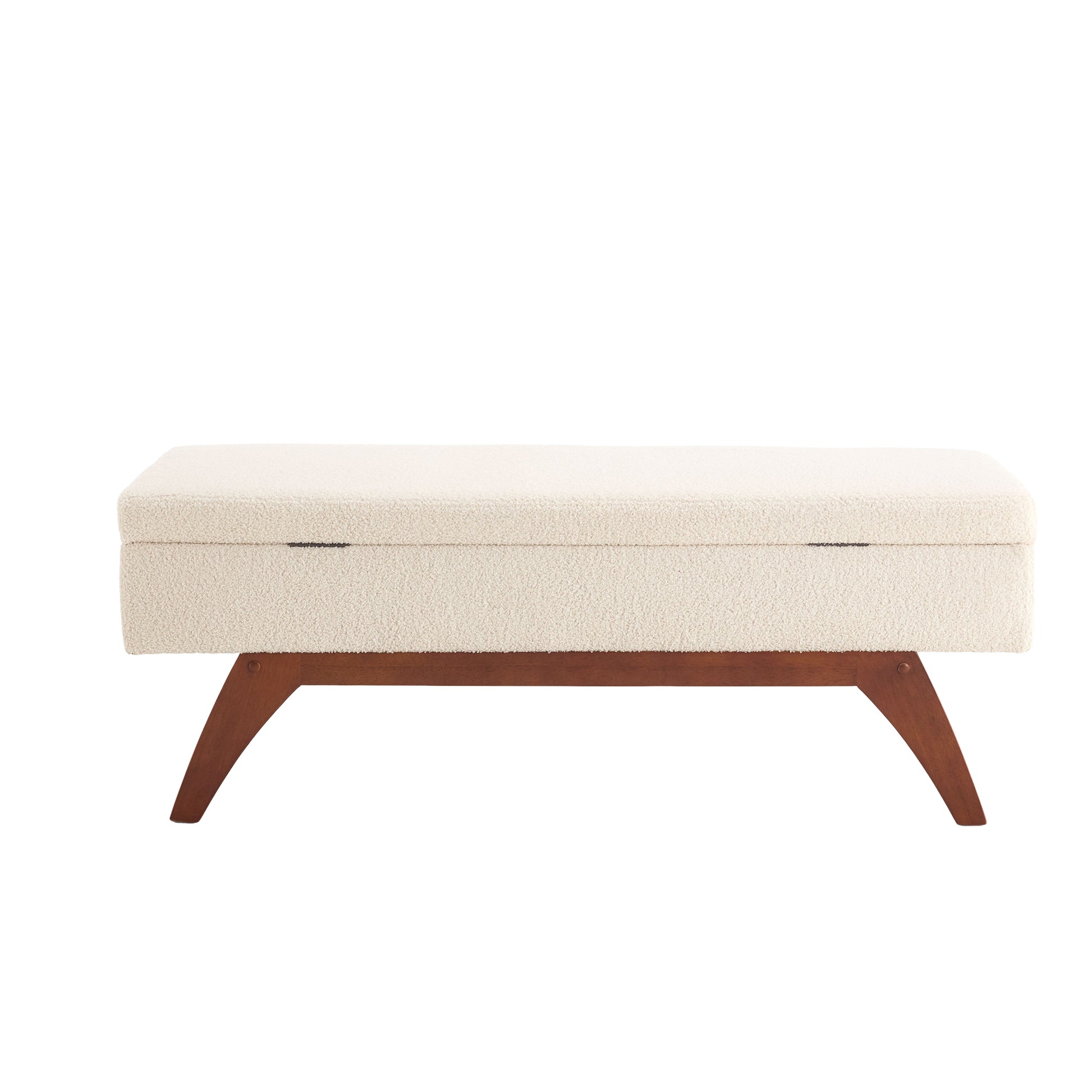Cream sherpa storage bench with midcentury modern wood legs