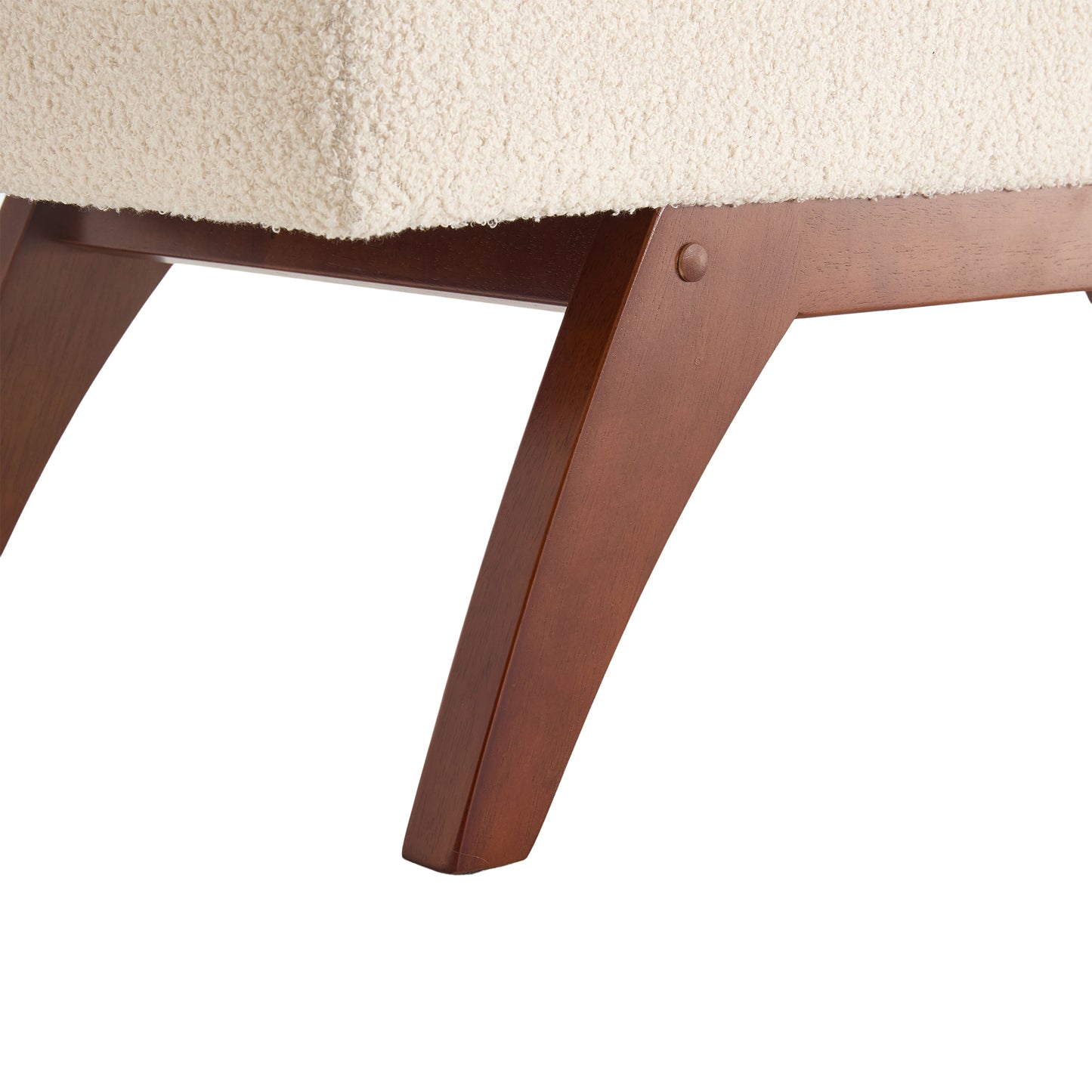 Cream boucle fabric ottoman with angled dark wood legs