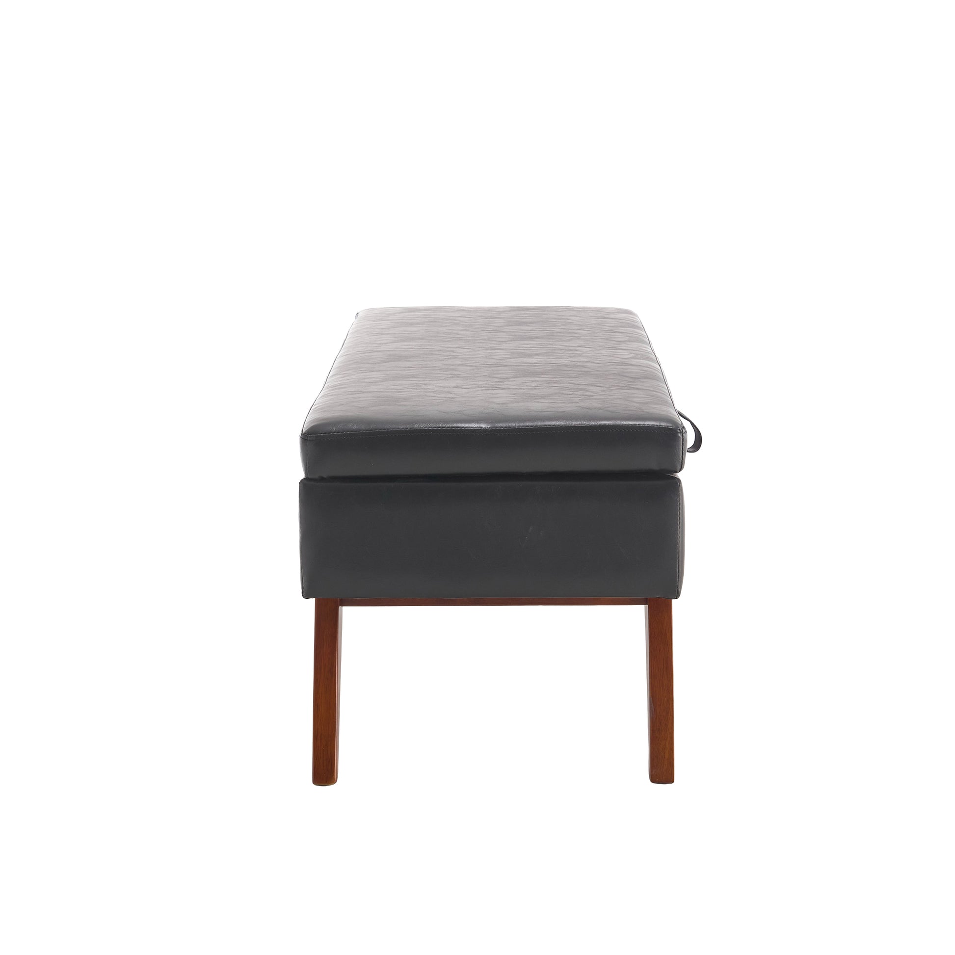 Black faux leather storage bench with wooden legs
