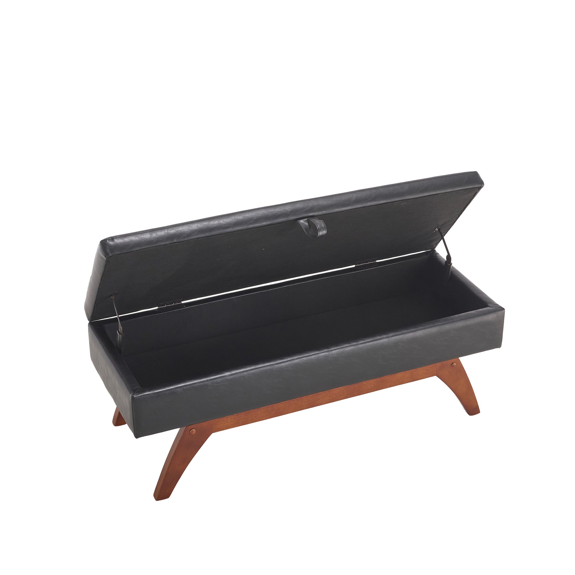 Black faux leather storage bench with hinged lid and angled wooden legs