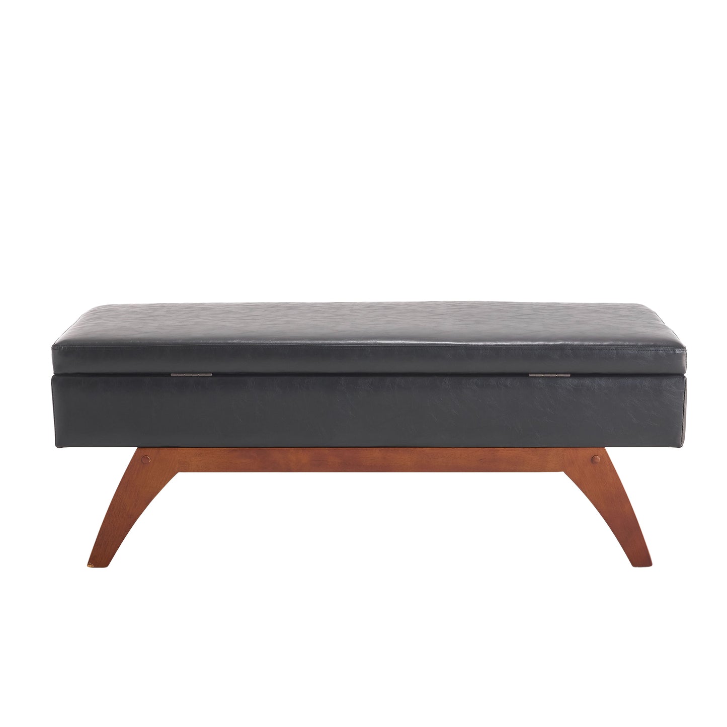 Black faux leather storage ottoman with midcentury modern wooden legs for living room storage