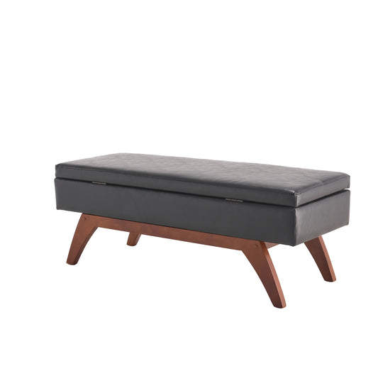 Black leather storage ottoman with angled wooden legs