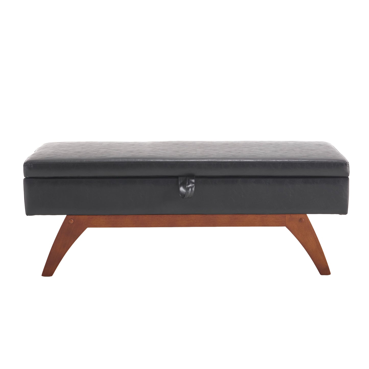 Black leather storage bench with midcentury modern wooden legs