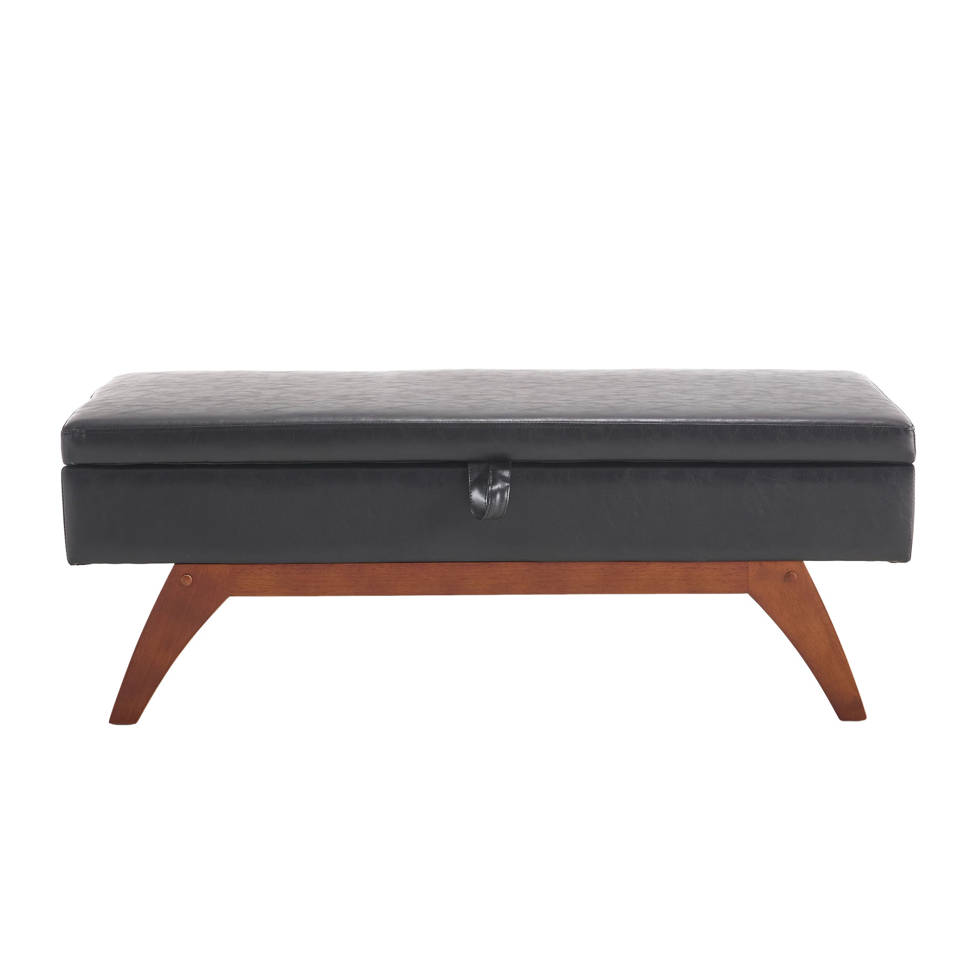 Black leather storage bench with midcentury modern wooden legs