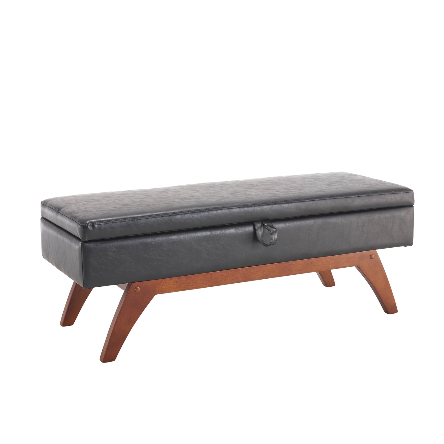 Black faux leather storage bench with midcentury modern wooden legs