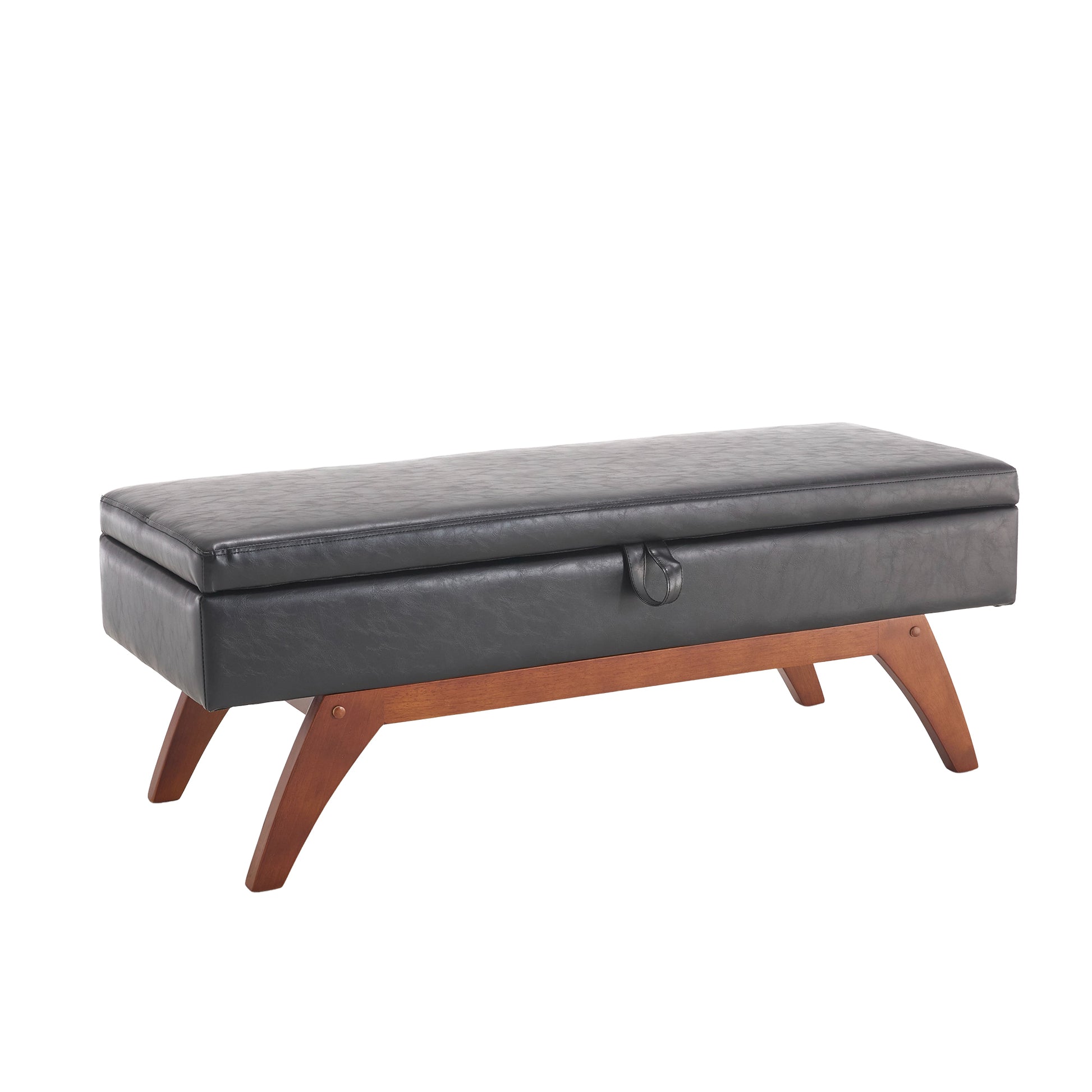 Black faux leather storage bench with midcentury modern wooden legs