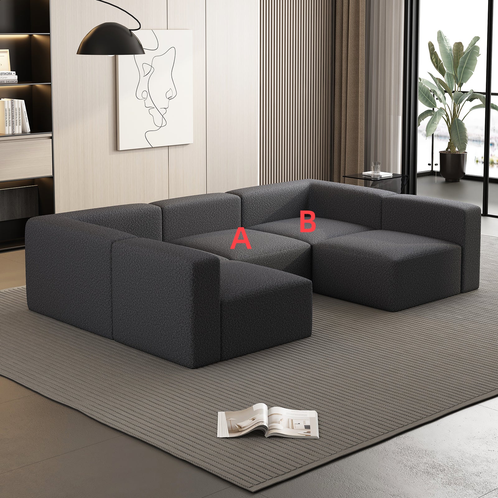 Dark grey modular sectional sofa with textured fabric upholstery