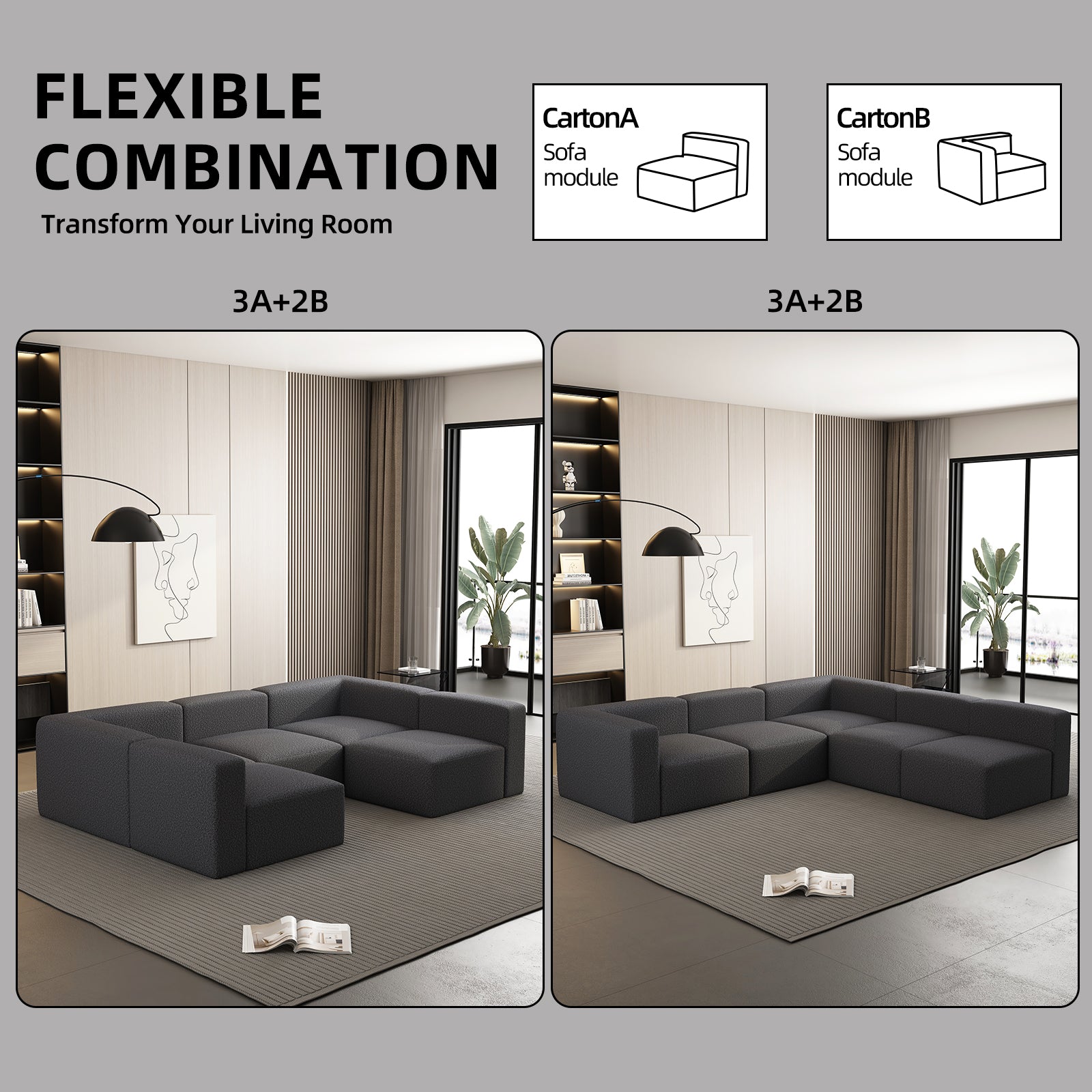 Dark grey modular sofa configuration for living rooms