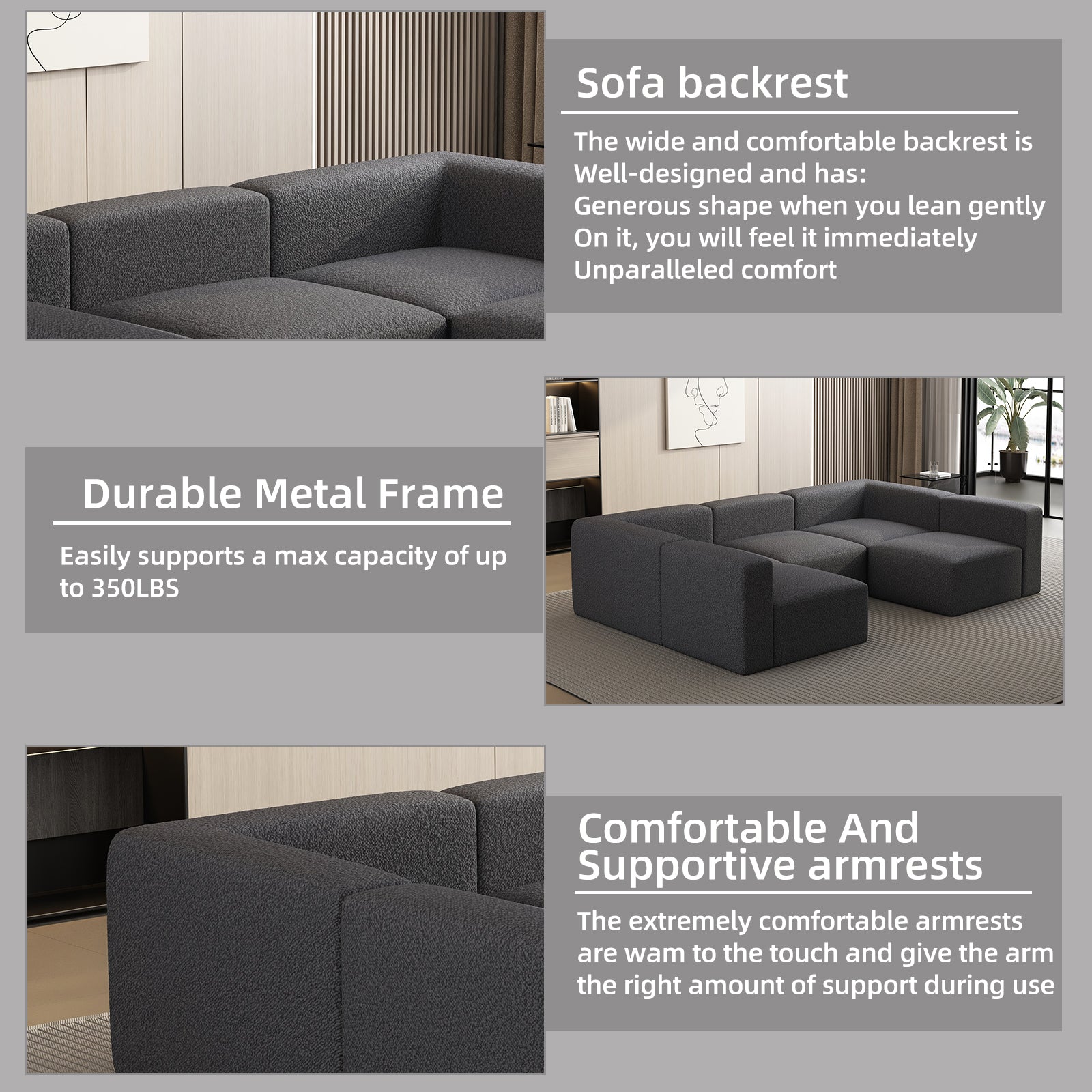 Charcoal gray modular sofa with plush fabric upholstery