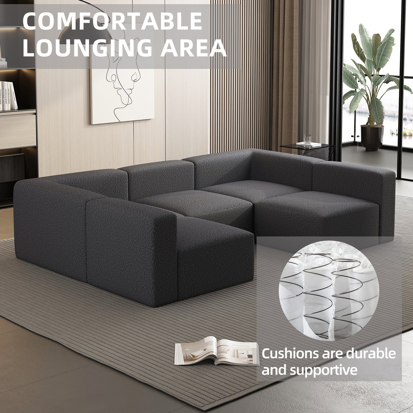Dark grey boucle fabric modular sectional sofa with wide arms and supportive springs