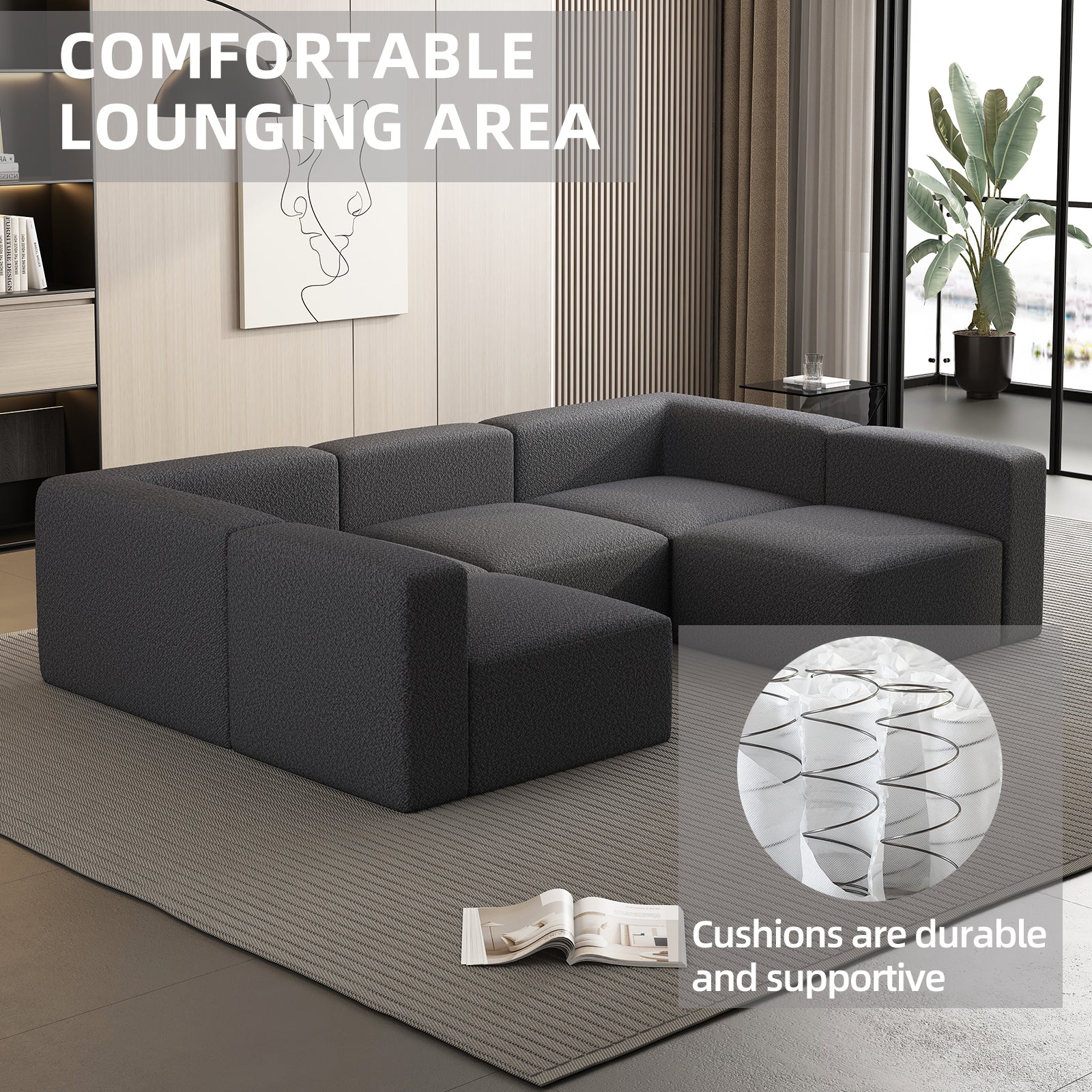 Dark grey boucle fabric modular sectional sofa with wide arms and supportive springs