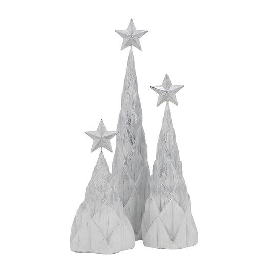 Set of  white textured Christmas trees with silver star toppers