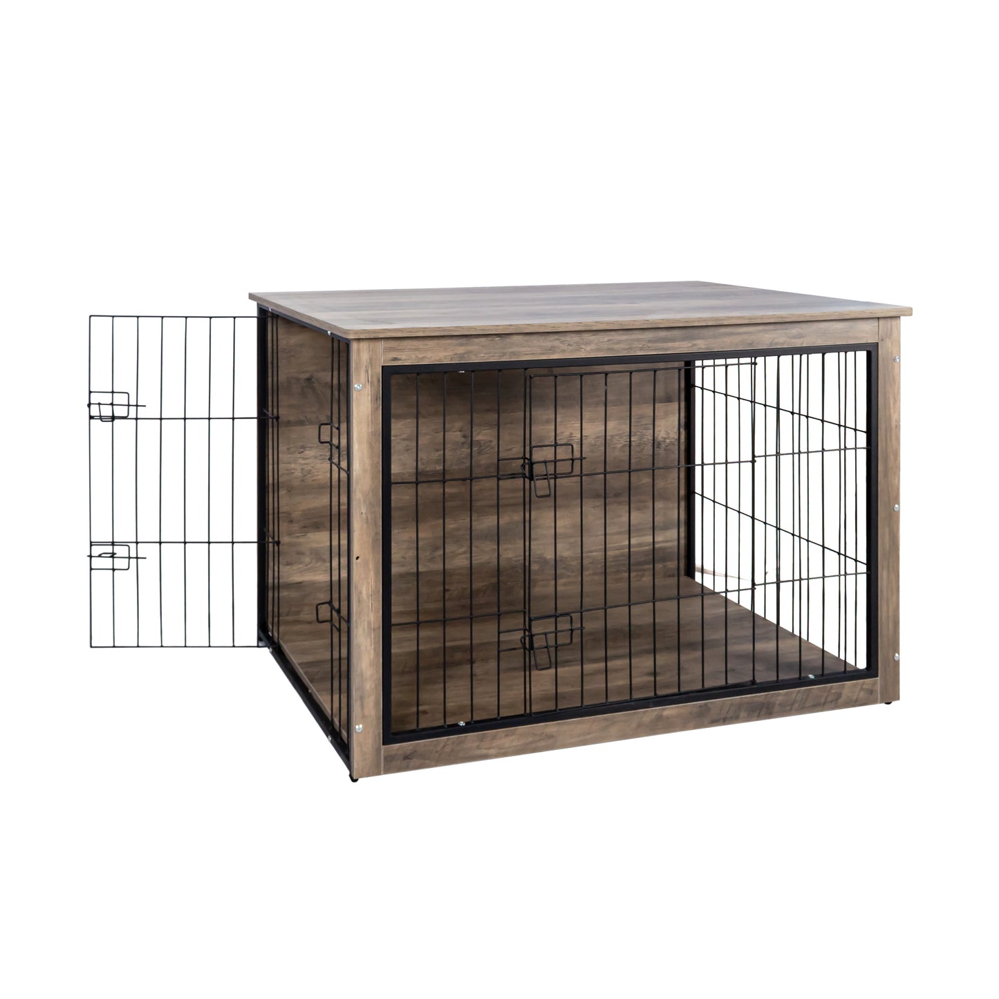 Rustic wood and black metal dog crate with open front door