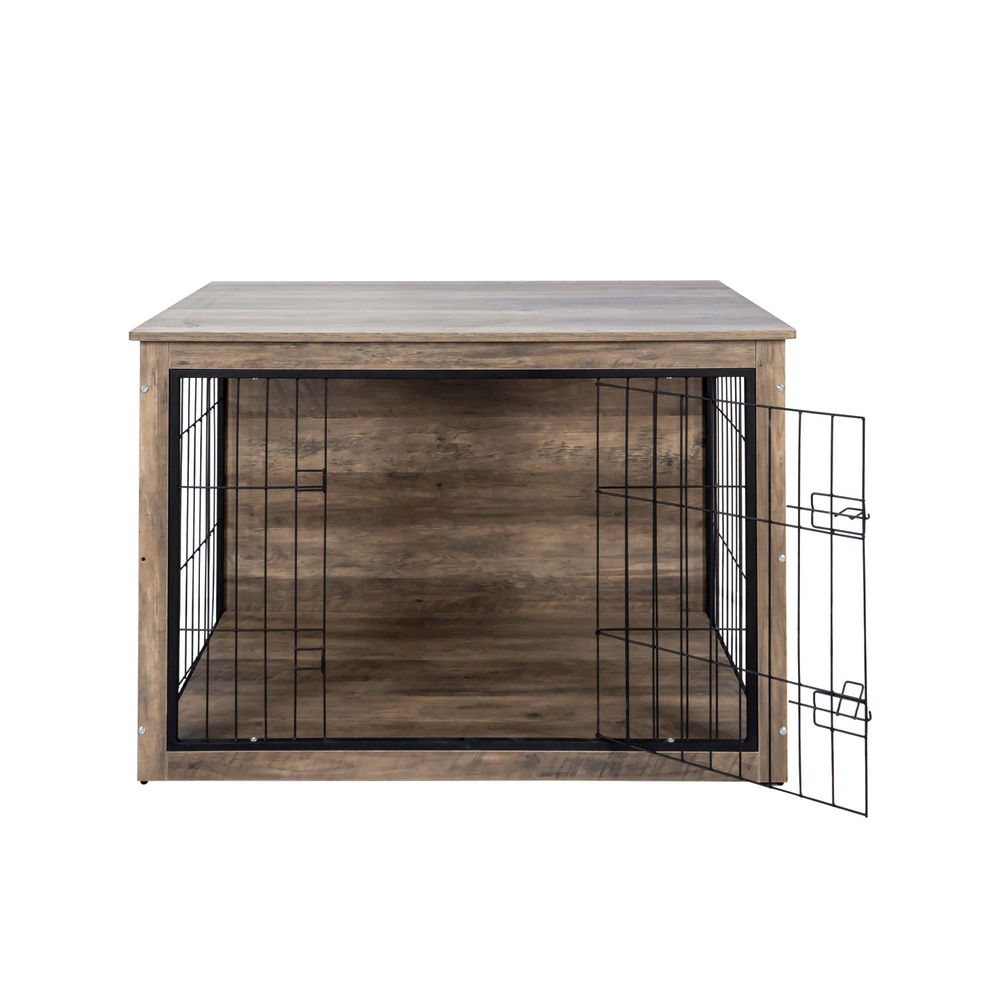 Wooden dog crate with black wire door and sides