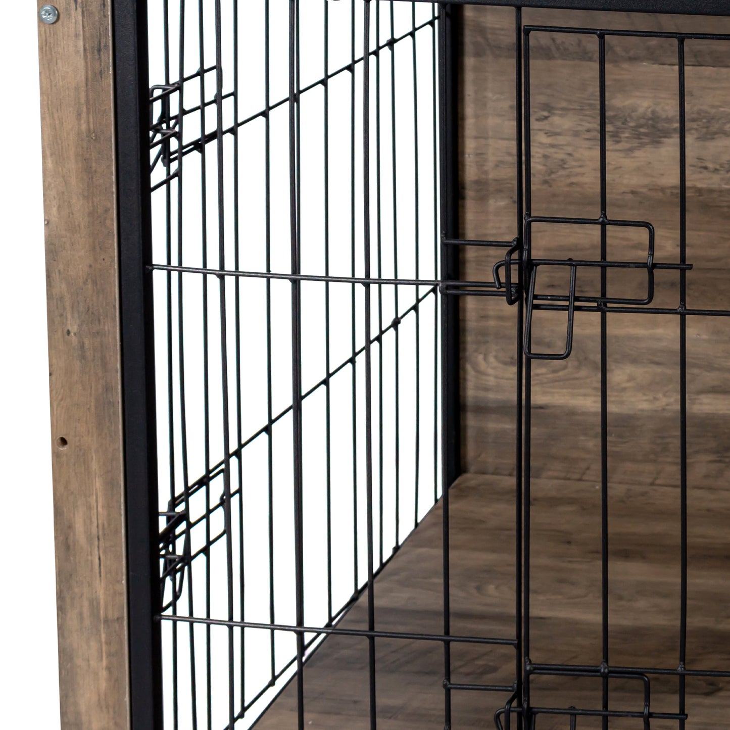 Rustic wood and black metal dog crate