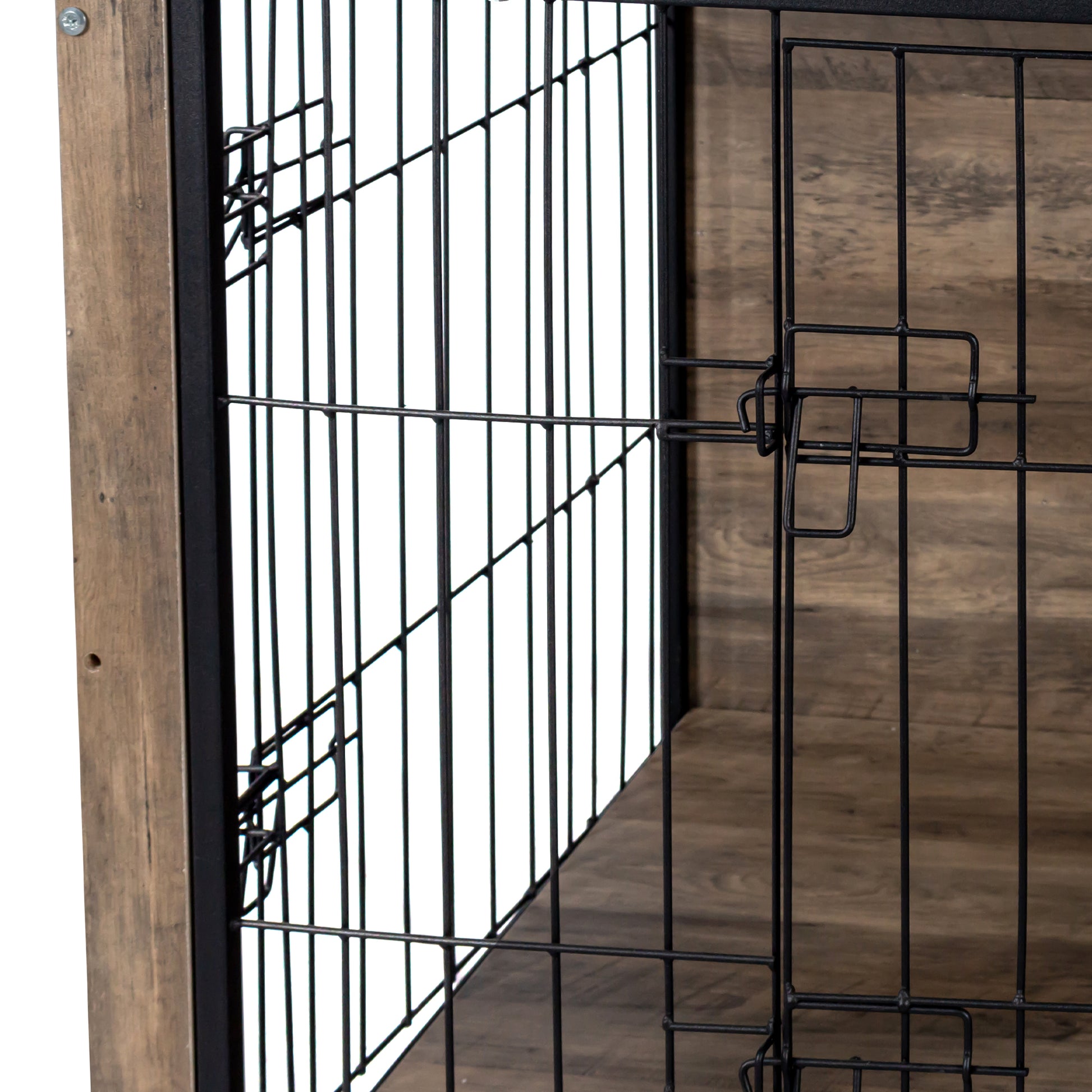 Rustic wood and black metal dog crate
