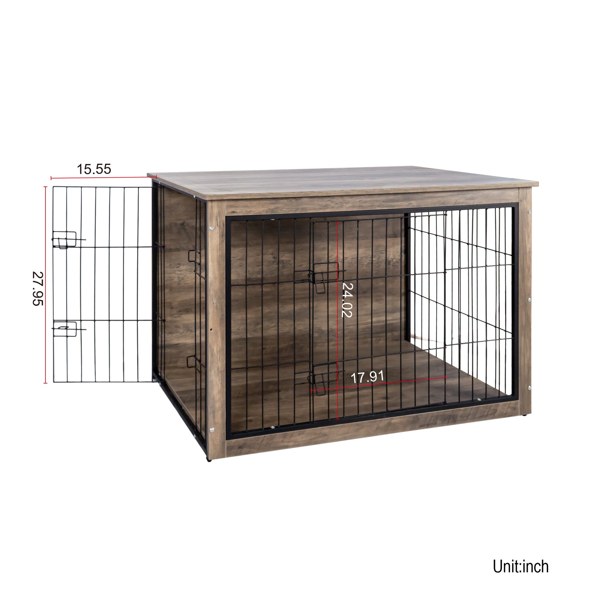 Rustic wooden dog crate with black metal wire door