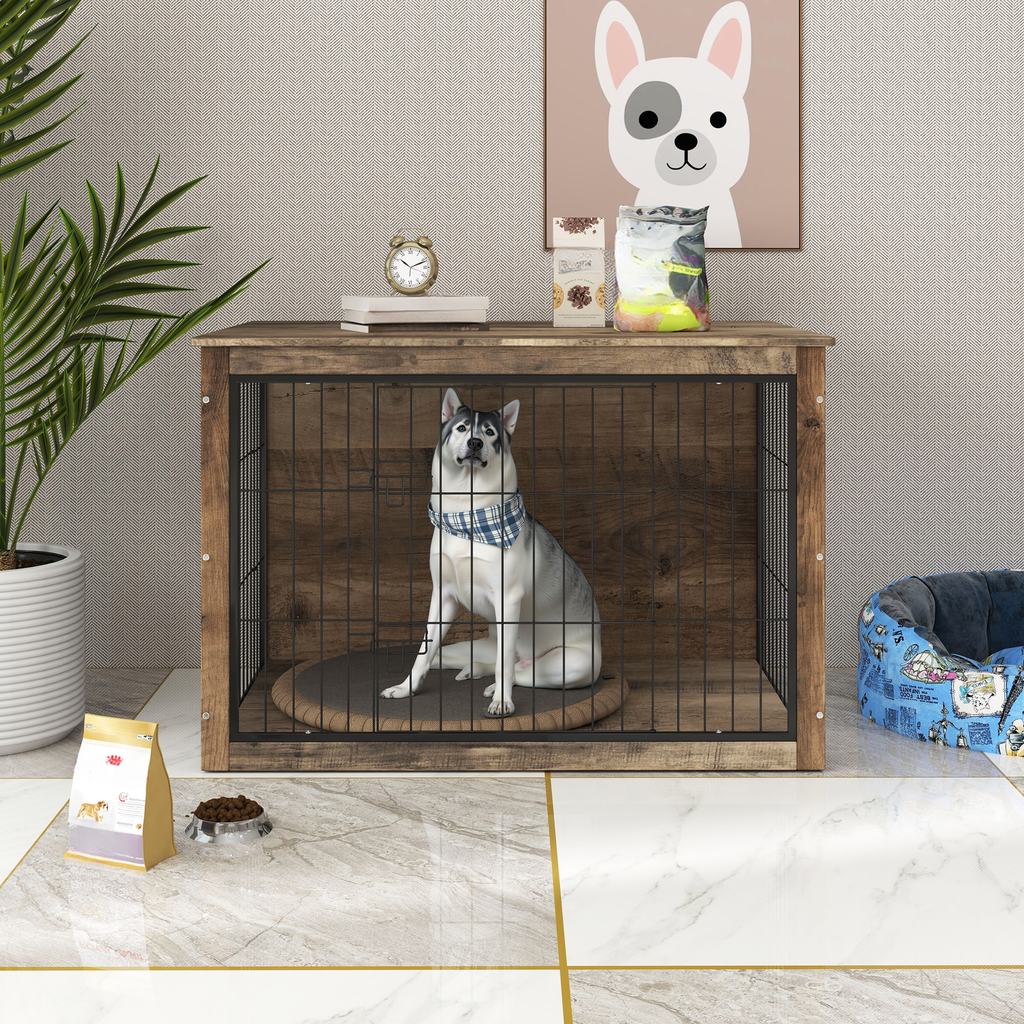 Wooden dog crate with a husky dog inside