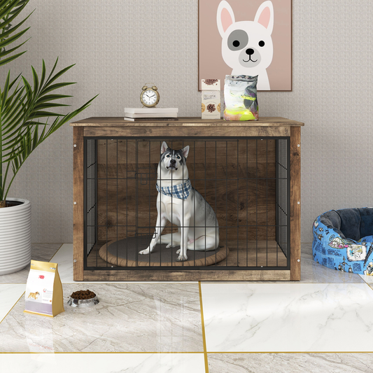 Wooden dog crate with a husky dog inside