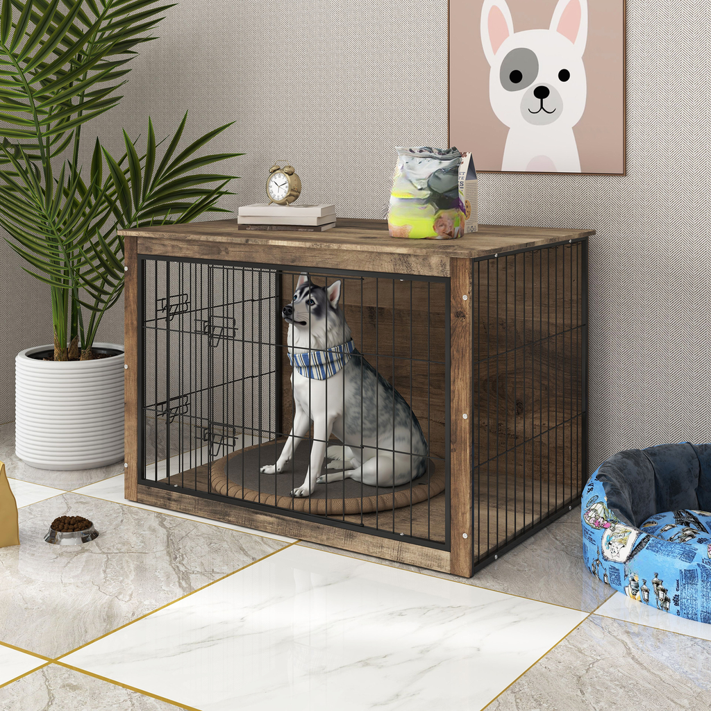 Rustic wooden dog crate with wire mesh door housing a Siberian Husky