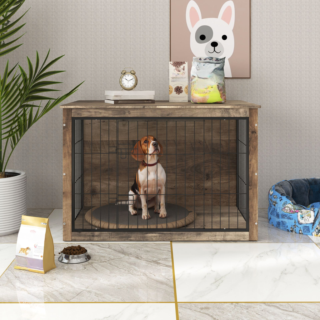 Rustic wooden dog crate with metal bars