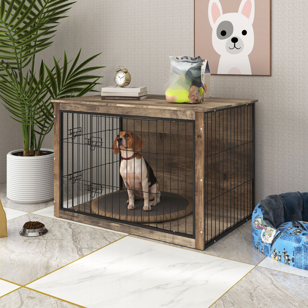 Wood dog crate with beagle