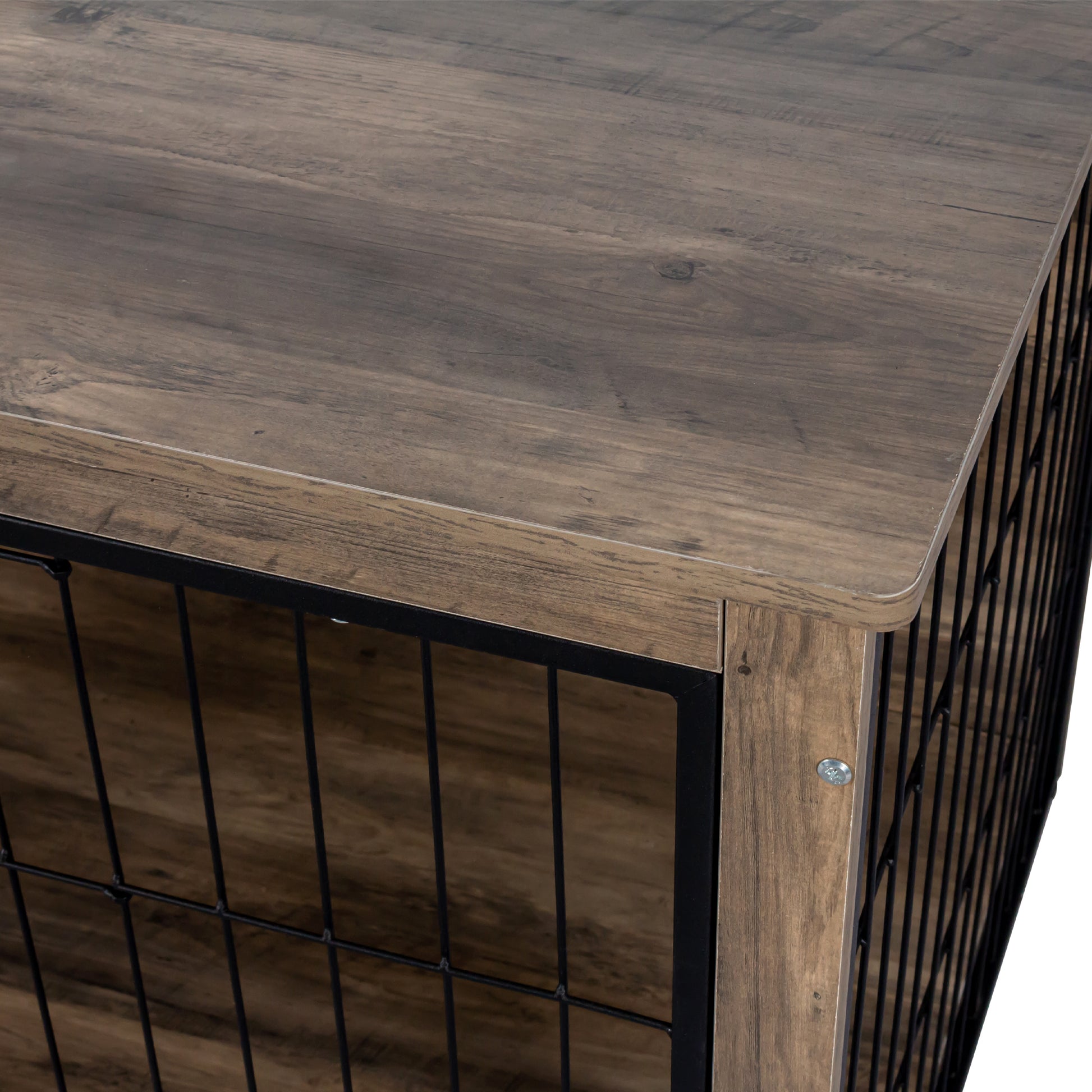 Rustic wood dog crate with black metal bars