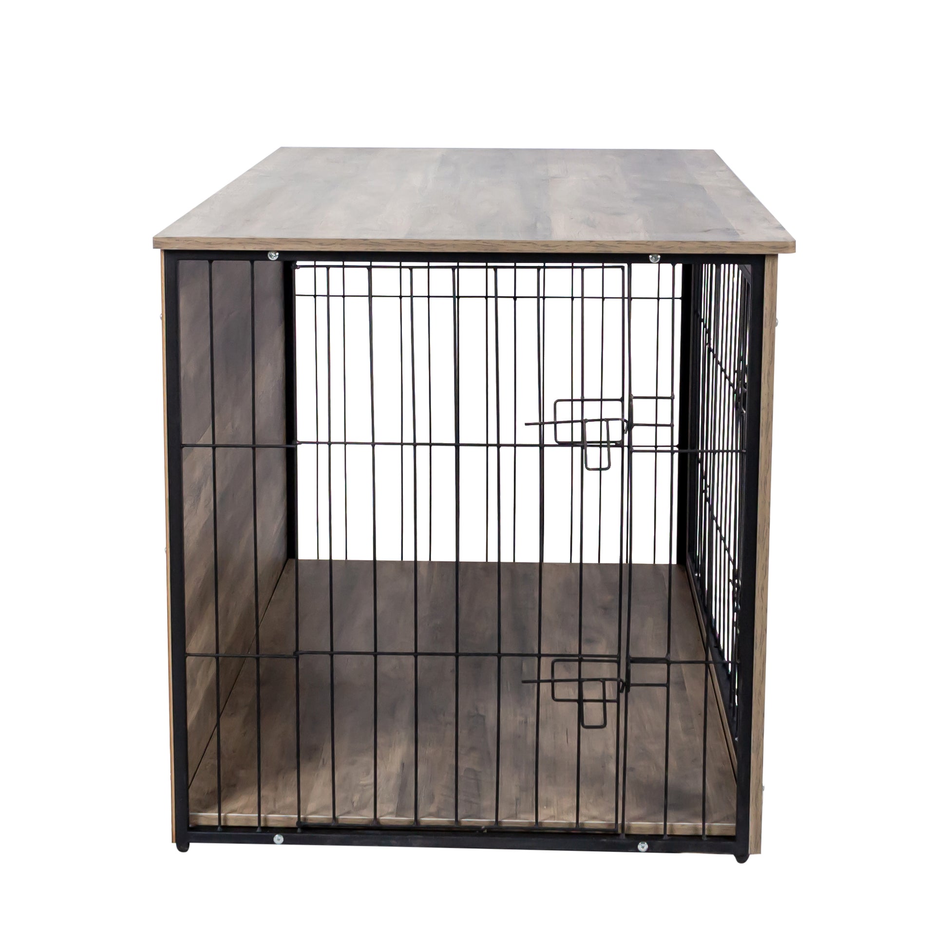 Modern dog crate with rustic woodlook panels and black metal bars