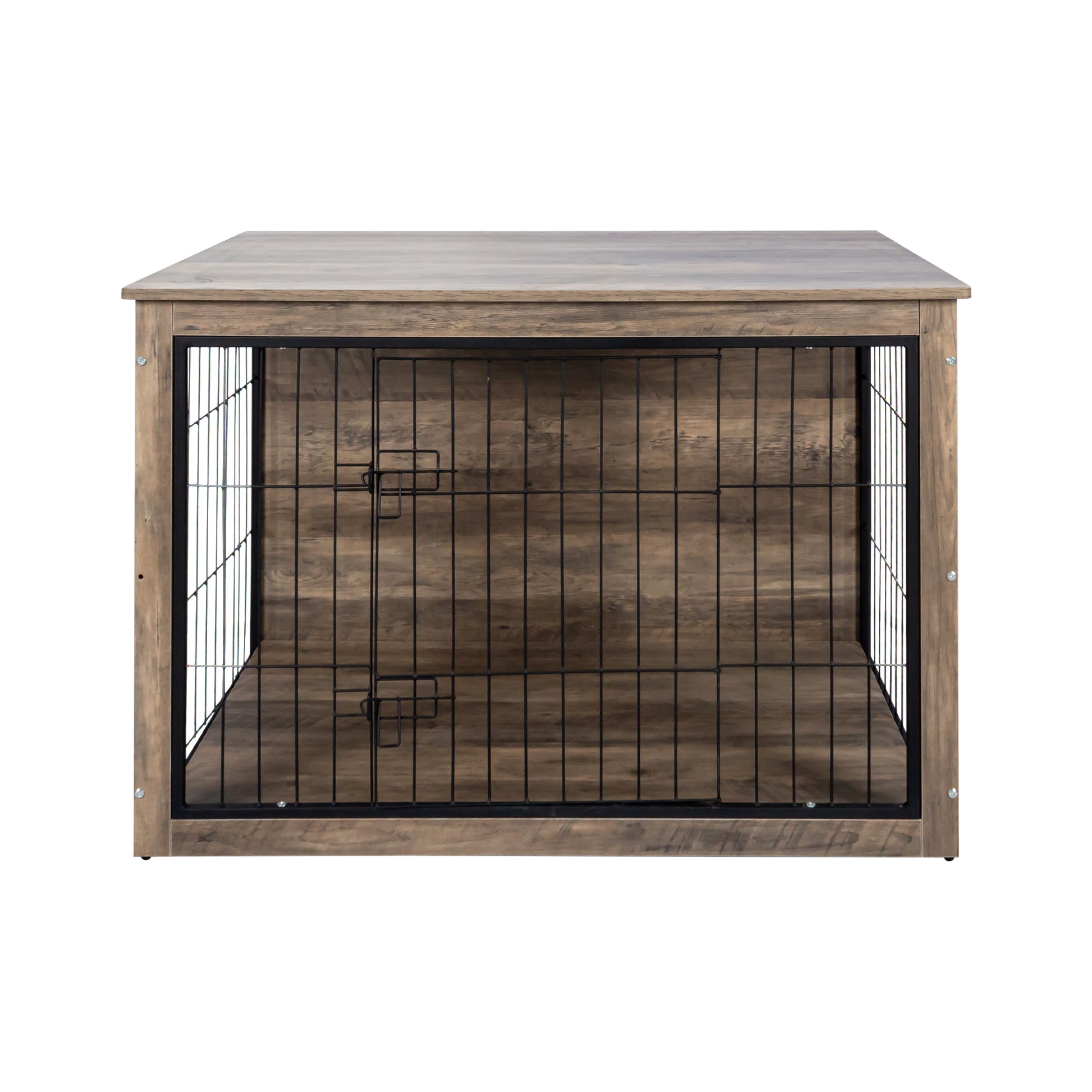 Rustic wooden dog crate with black metal bars and a hinged door