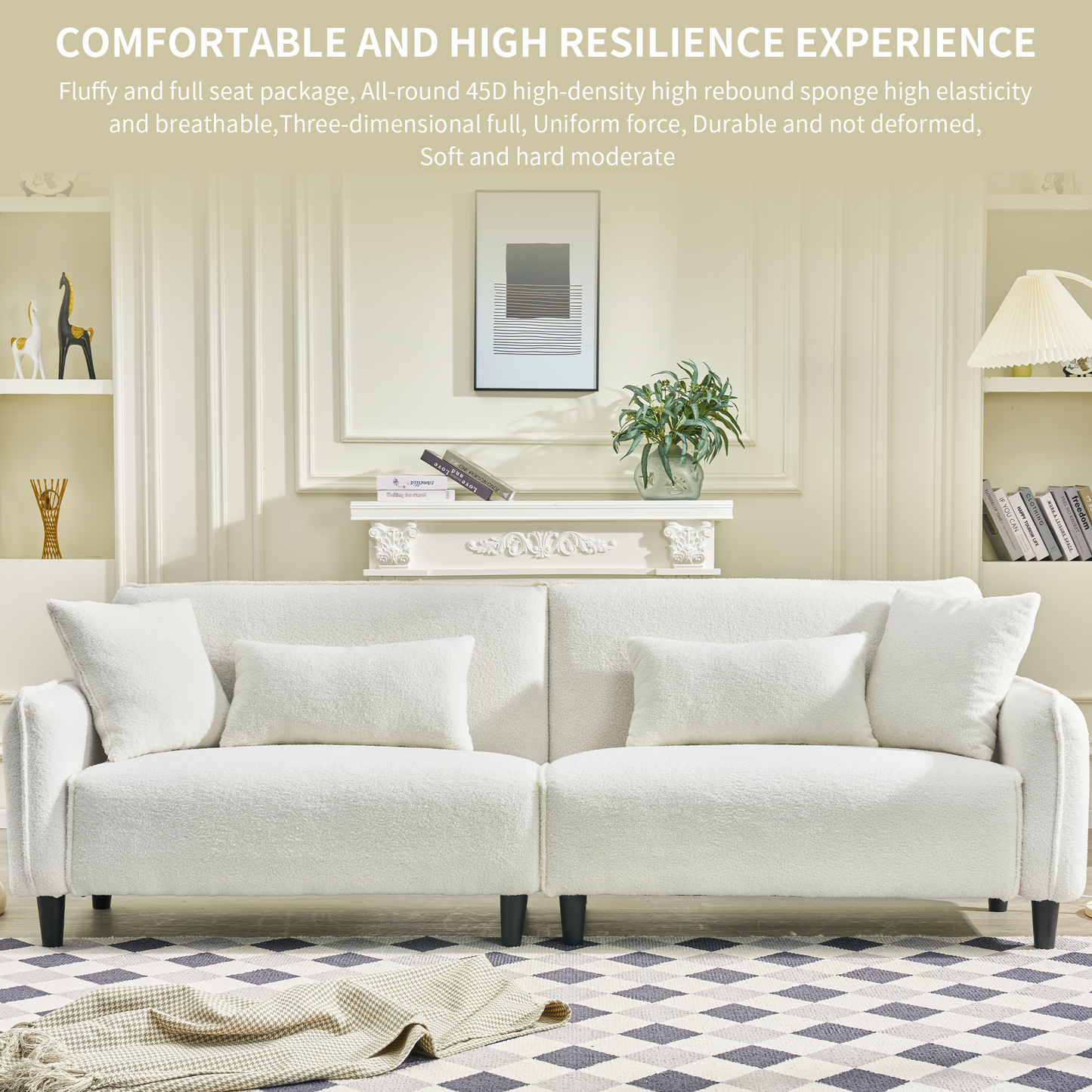 White textured sofa with plush cushions in a modern living room