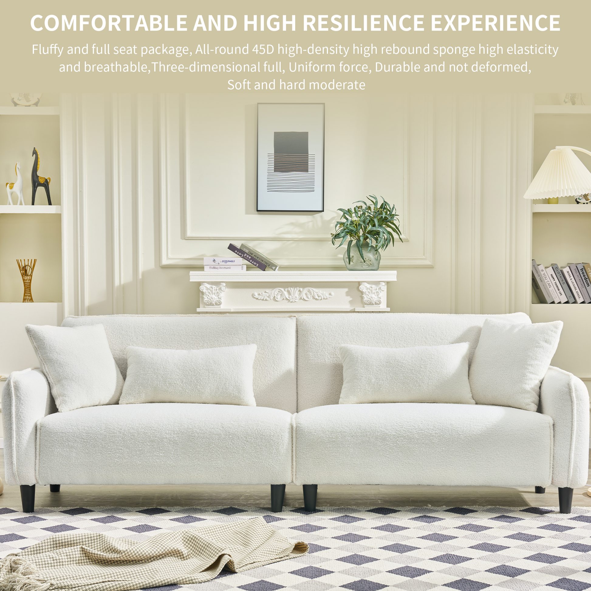 White textured sofa with plush cushions in a modern living room