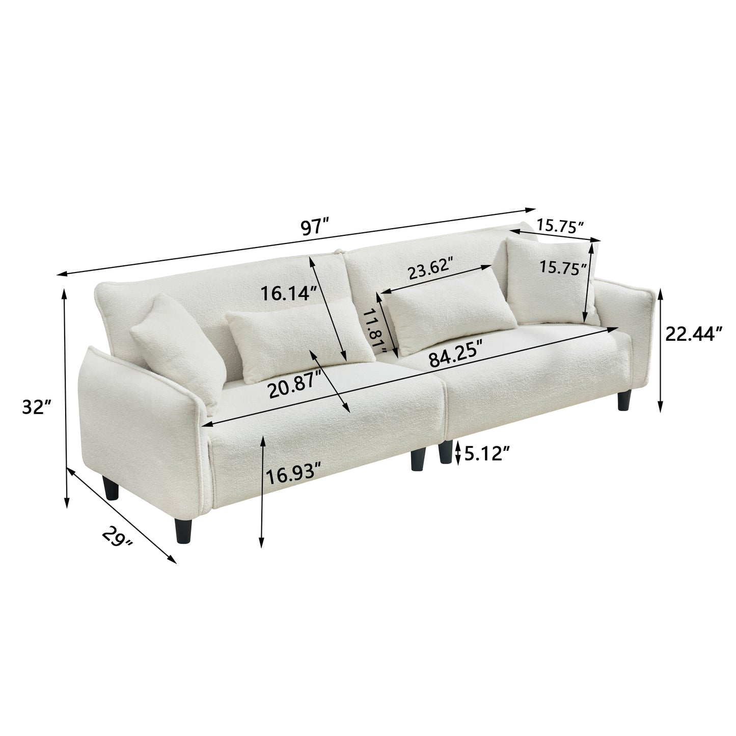 White textured boucle sofa with tufted back and four black legs