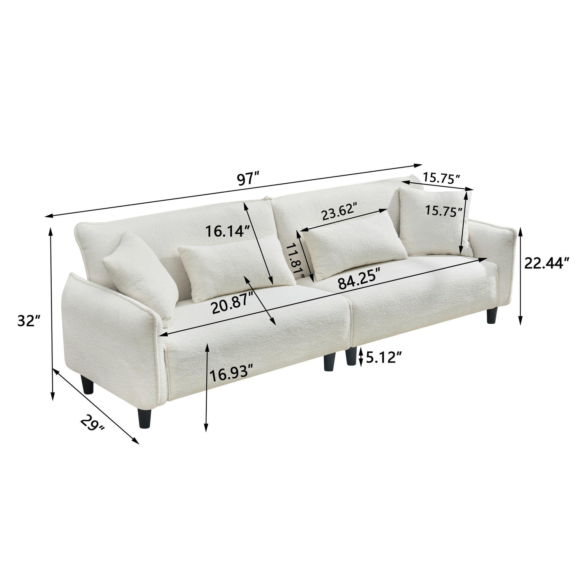 White textured boucle sofa with tufted back and four black legs