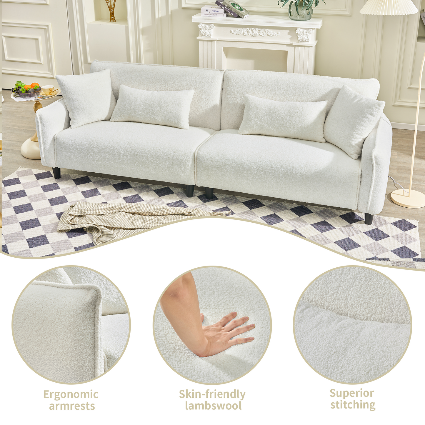 Plush white boucl sofa with accent pillows and black legs
