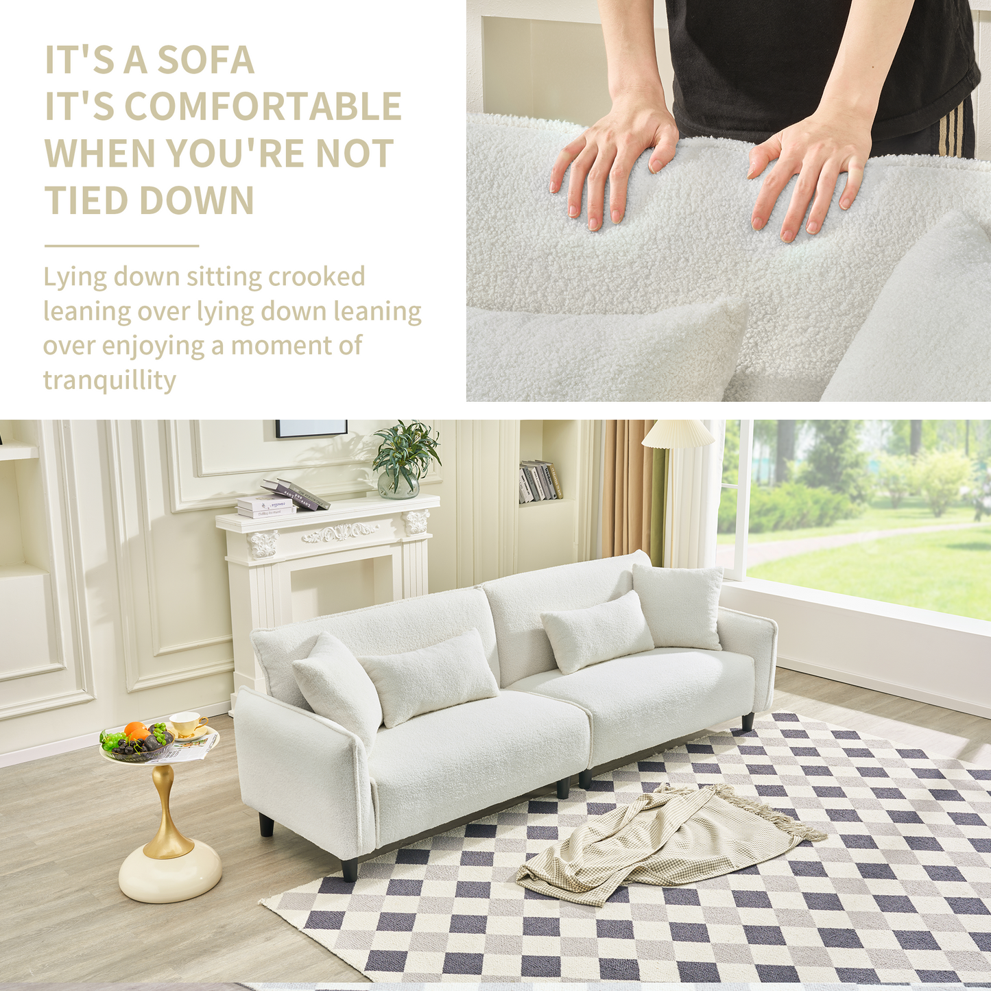 Cozy white boucle sofa with plush throw pillows perfect for a living room oasis